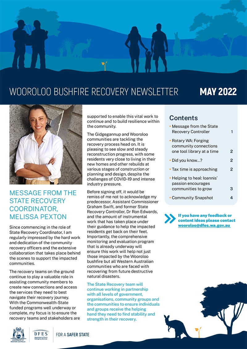 An image of the frontpage of the Wooroloo Bushfire Recovery Newsletter. Download the full PDF to read in detail.